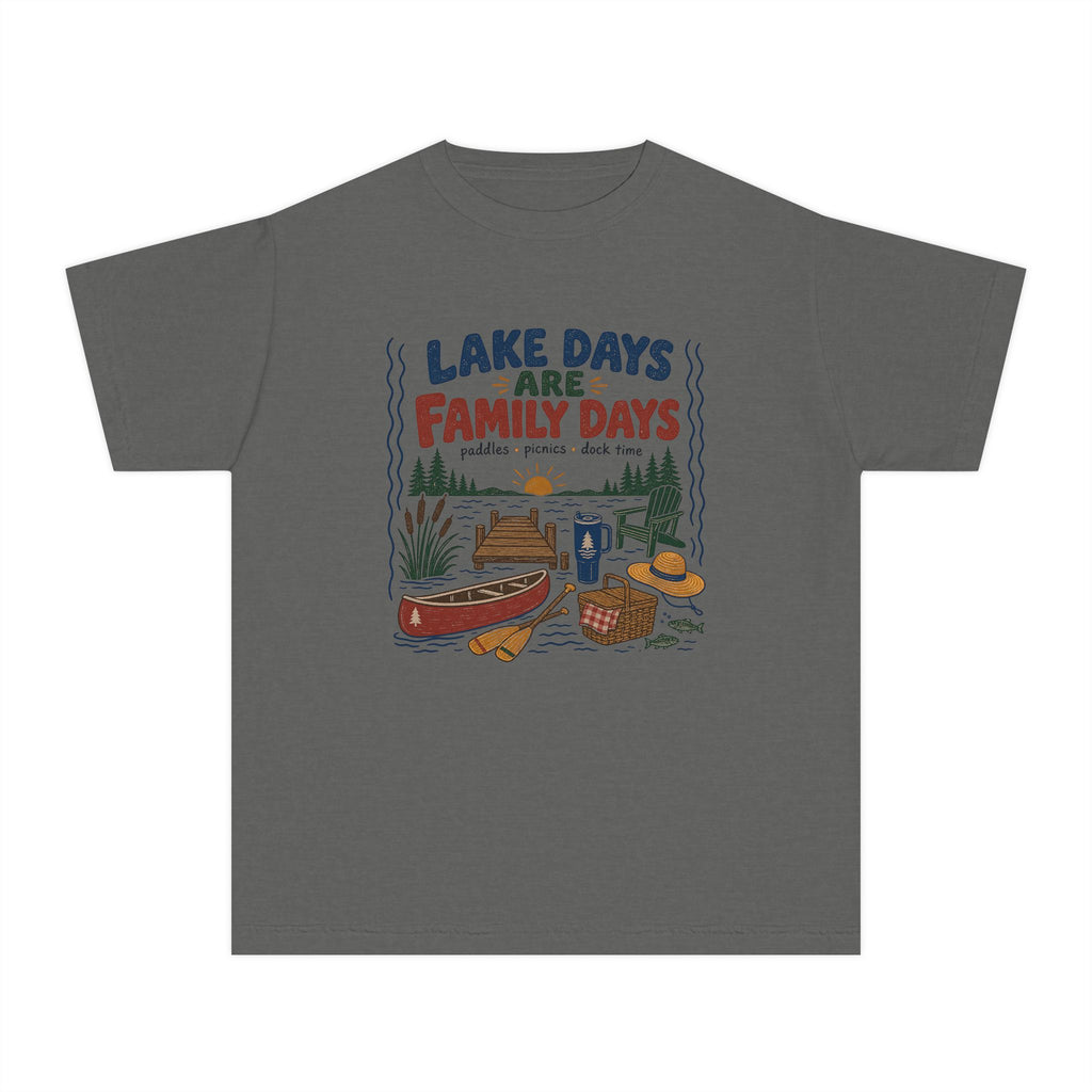 Lake Days Are Family Days Youth Tee – Kids' Comfort Colors Lake Vacation Shirt in Pepper – flat lay