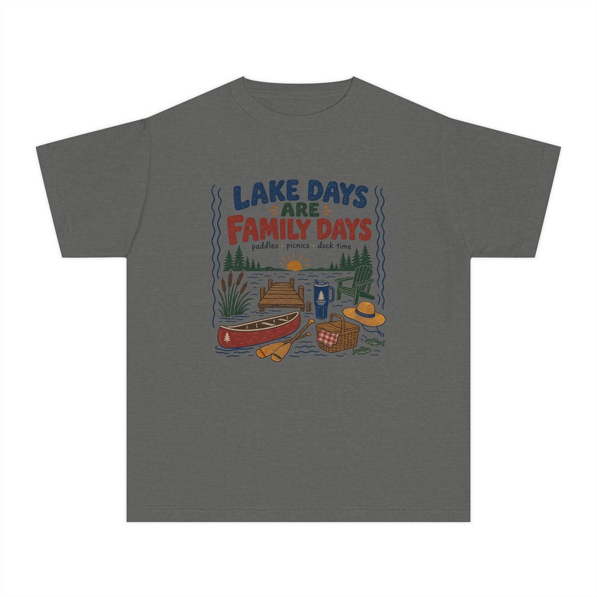 Lake Days Are Family Days Youth Tee – Kids' Comfort Colors Lake Vacation Shirt in Pepper – flat lay