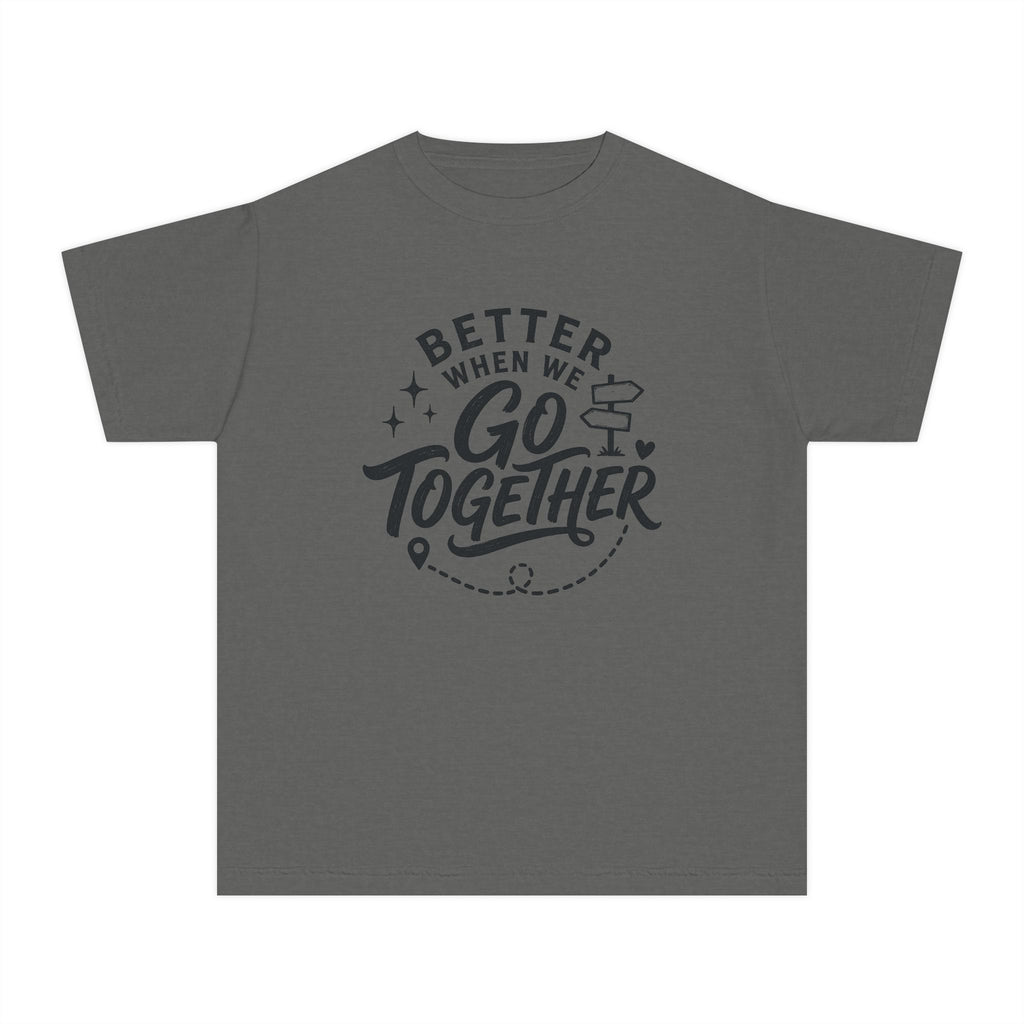 Better When We Go Together Travel Youth Tee – Kids' Comfort Colors Road Trip Shirt in Pepper – flat lay