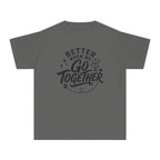 Better When We Go Together Travel Youth Tee – Kids' Comfort Colors Road Trip Shirt in Pepper – flat lay