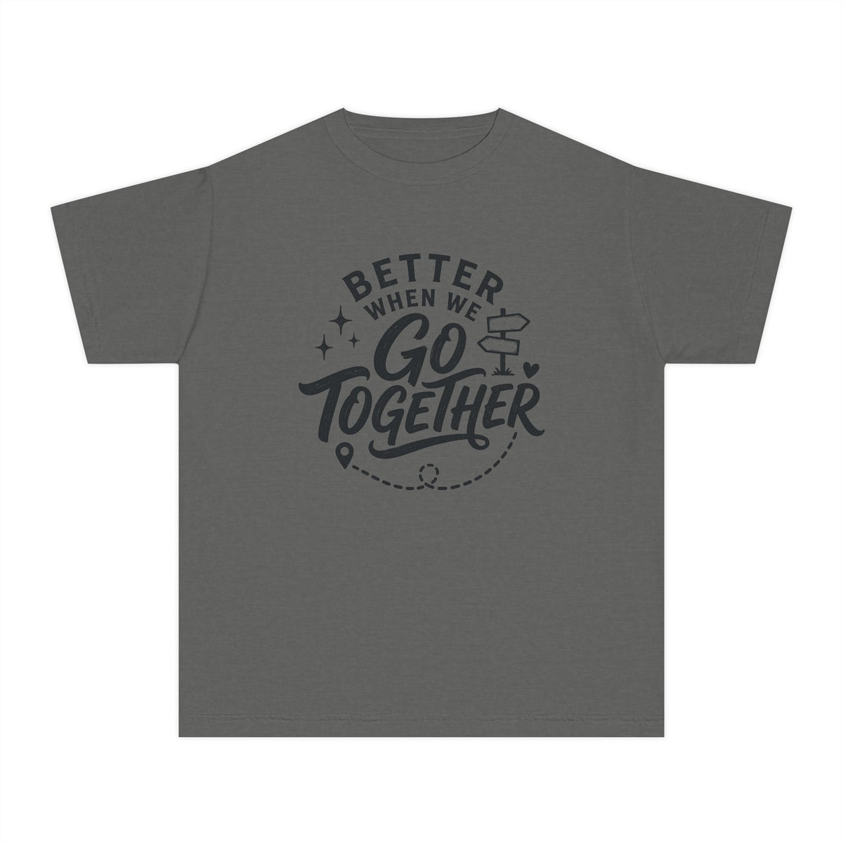 Better When We Go Together Travel Youth Tee – Kids' Comfort Colors Road Trip Shirt in Pepper – flat lay