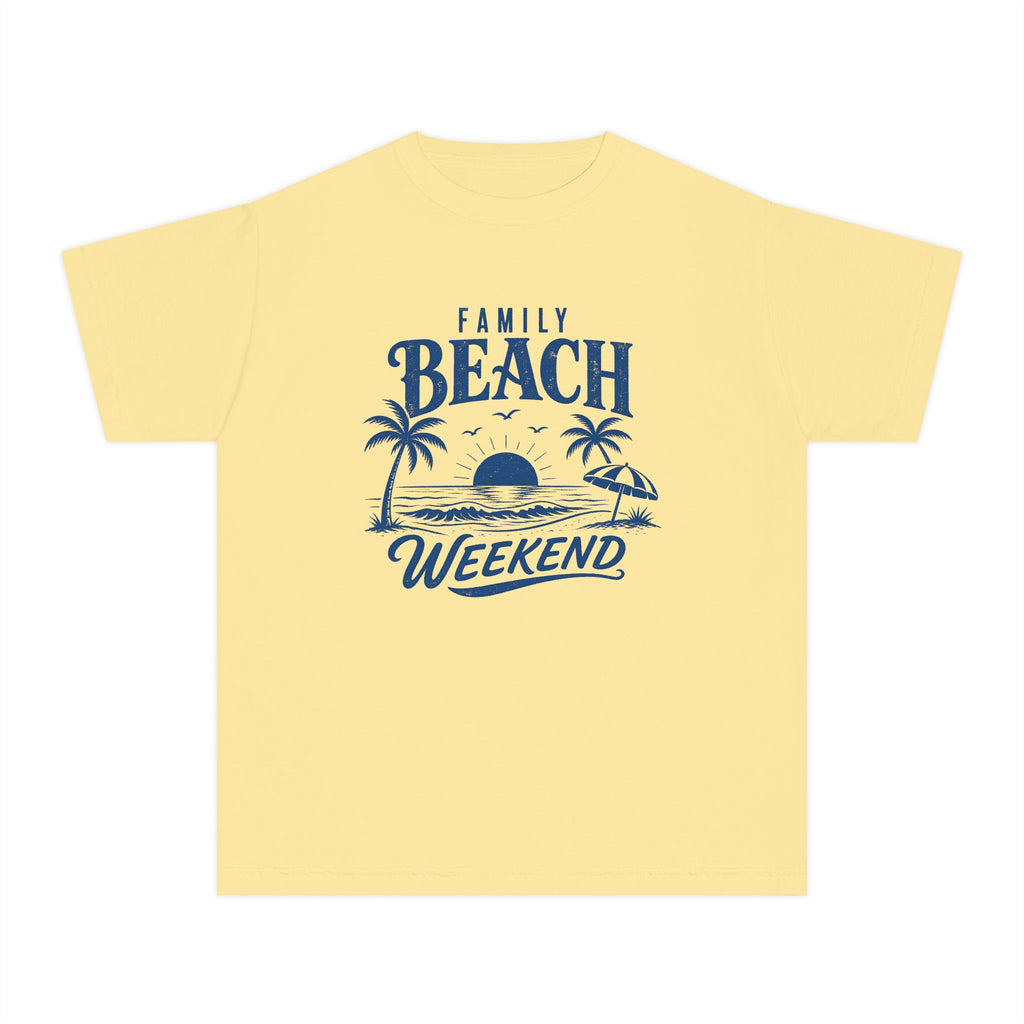Family Beach Weekend Youth Tee – Kids' Comfort Colors Beach Vacation Shirt in Butter – flat lay