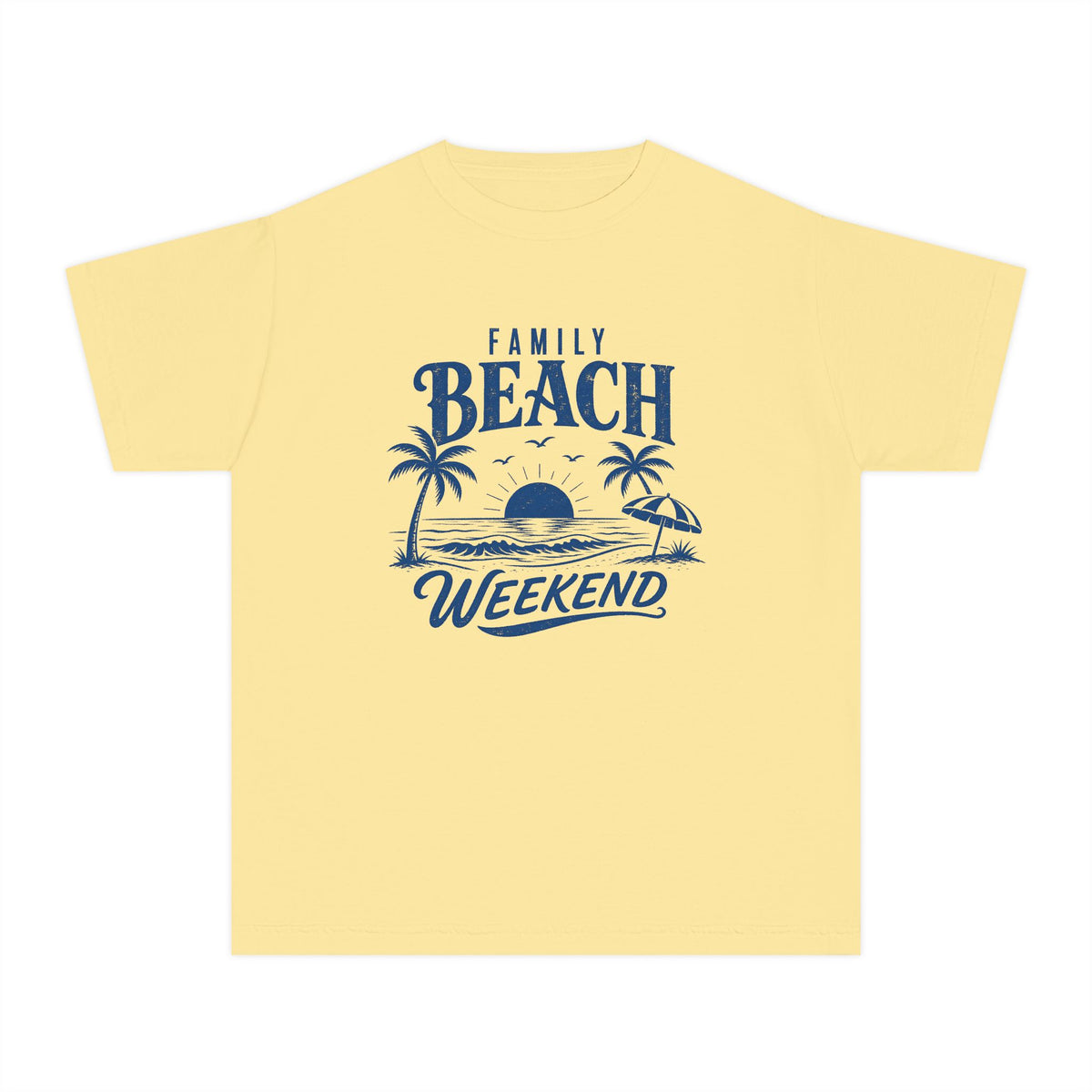 Family Beach Weekend Youth Tee – Kids' Comfort Colors Beach Vacation Shirt in Butter – flat lay