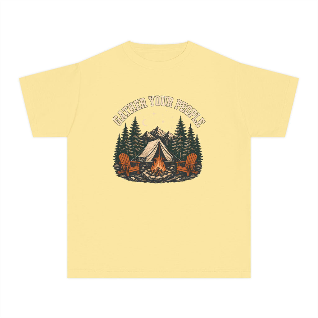 Gather Your People Youth Tee – Kids' Comfort Colors Camping Adventure Shirt in Butter – flat lay