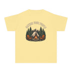 Gather Your People Youth Tee – Kids' Comfort Colors Camping Adventure Shirt in Butter – flat lay