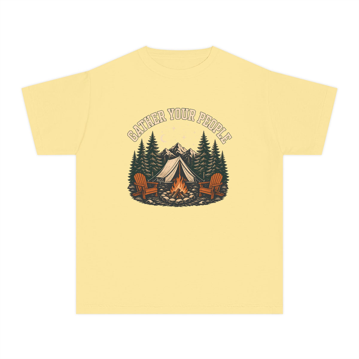 Gather Your People Youth Tee – Kids' Comfort Colors Camping Adventure Shirt in Butter – flat lay