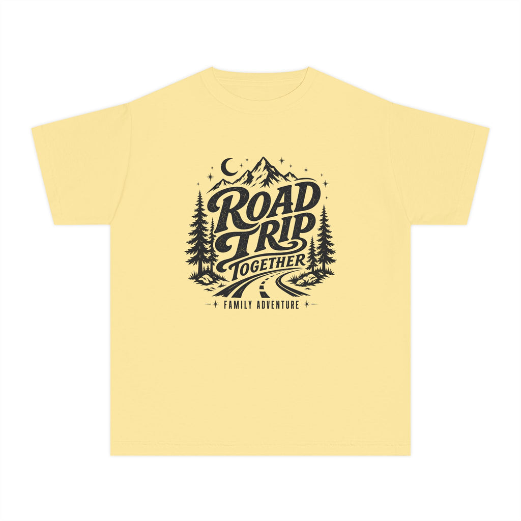 Road Trip Together Family Adventure Youth Tee – Kids' Comfort Colors Road Trip Shirt in Butter – flat lay