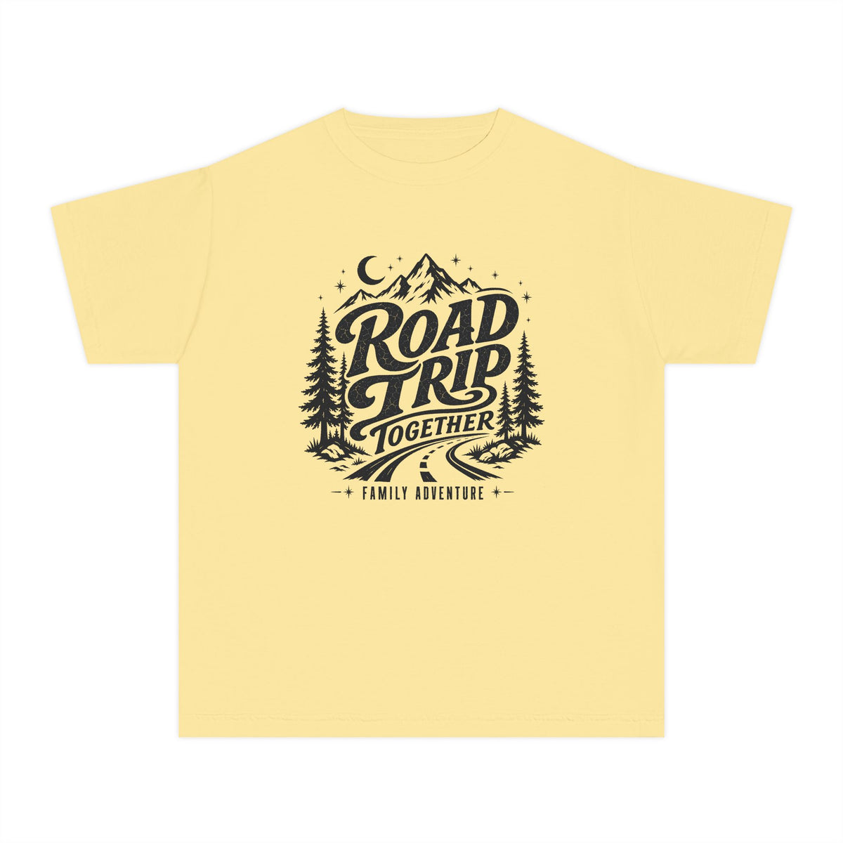 Road Trip Together Family Adventure Youth Tee – Kids' Comfort Colors Road Trip Shirt in Butter – flat lay