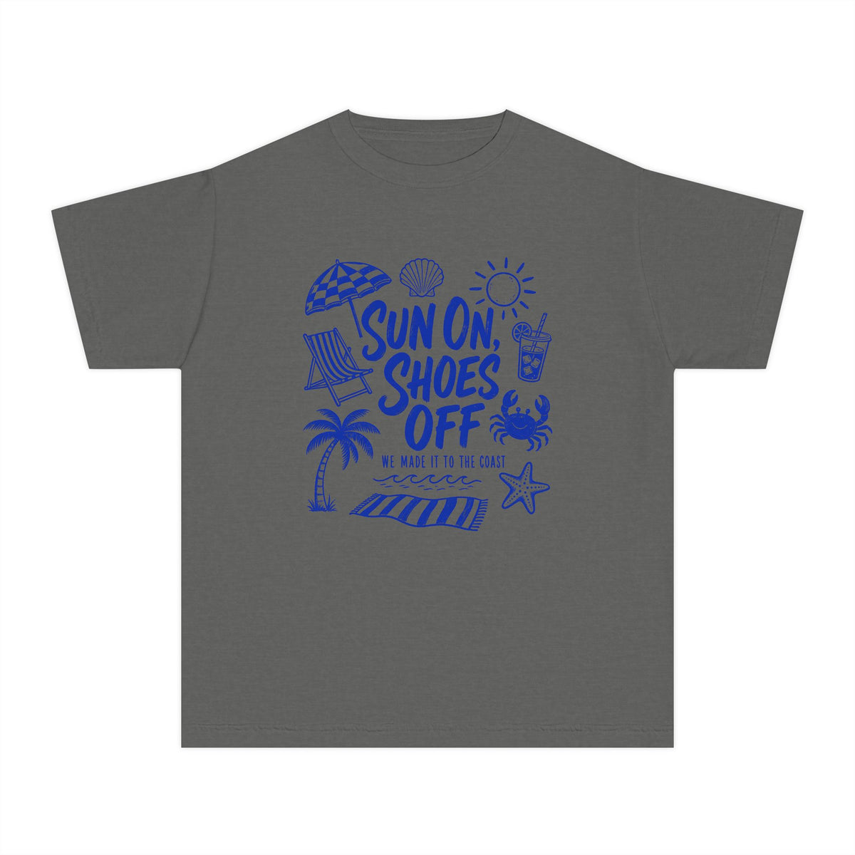 Sun On Shoes Off Youth Tee – Kids' Comfort Colors Beach Vacation Shirt in Pepper – flat lay
