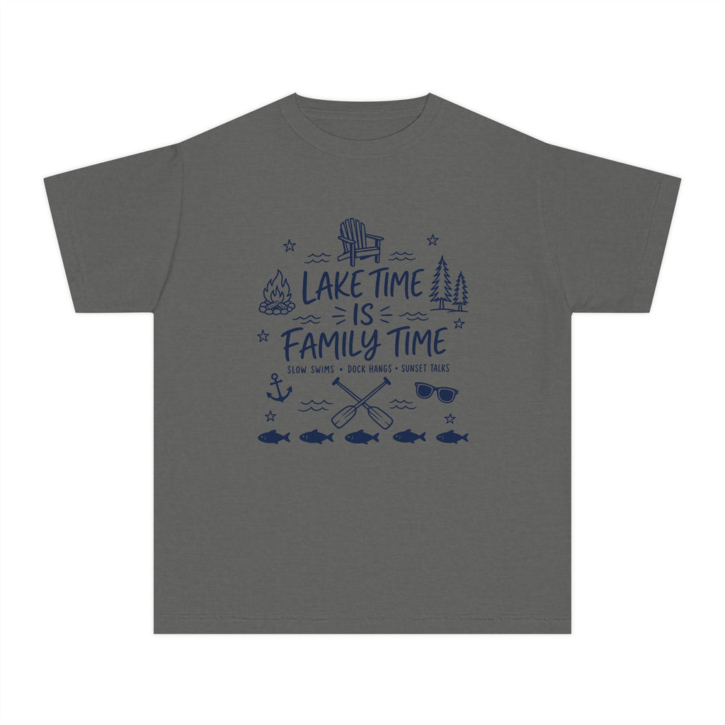 Lake Time Is Family Time Youth Tee – Kids' Comfort Colors Lake Vacation Shirt in Pepper – flat lay