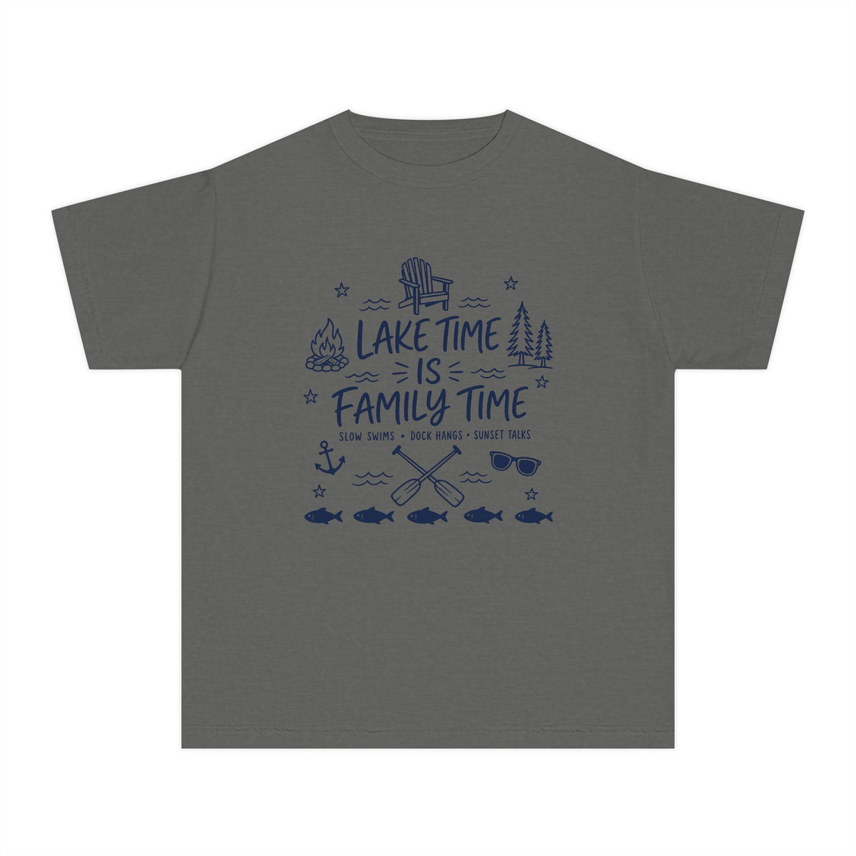 Lake Time Is Family Time Youth Tee – Kids' Comfort Colors Lake Vacation Shirt in Pepper – flat lay