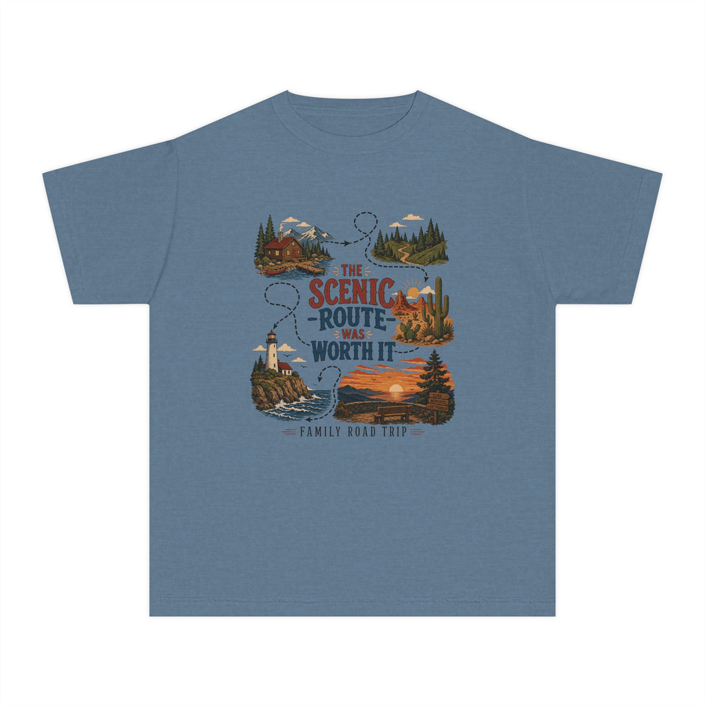 The Scenic Route Was Worth It Youth Tee – Kids' Comfort Colors Road Trip Shirt in Blue Jean – flat lay