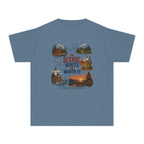The Scenic Route Was Worth It Youth Tee – Kids' Comfort Colors Road Trip Shirt in Blue Jean – flat lay