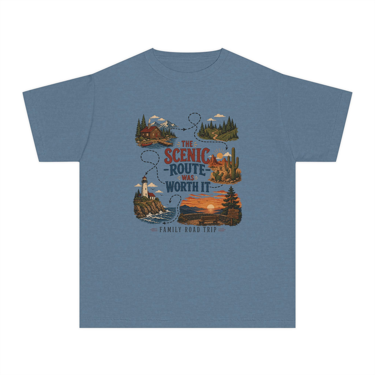 The Scenic Route Was Worth It Youth Tee – Kids' Comfort Colors Road Trip Shirt in Blue Jean – flat lay