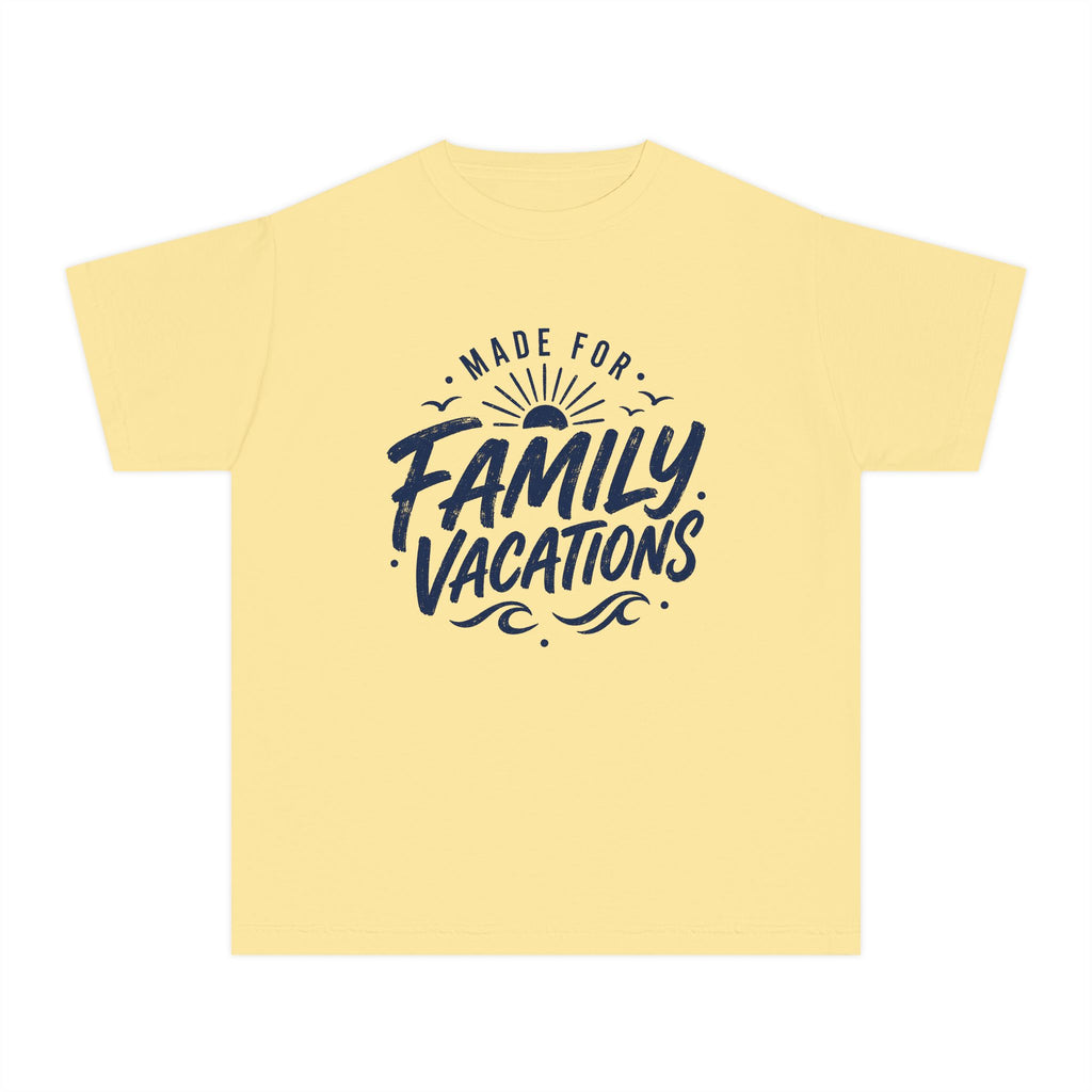 Made for Family Vacations Retro Travel Youth Tee – Kids' Comfort Colors Beach Vacation Shirt in Butter – flat lay