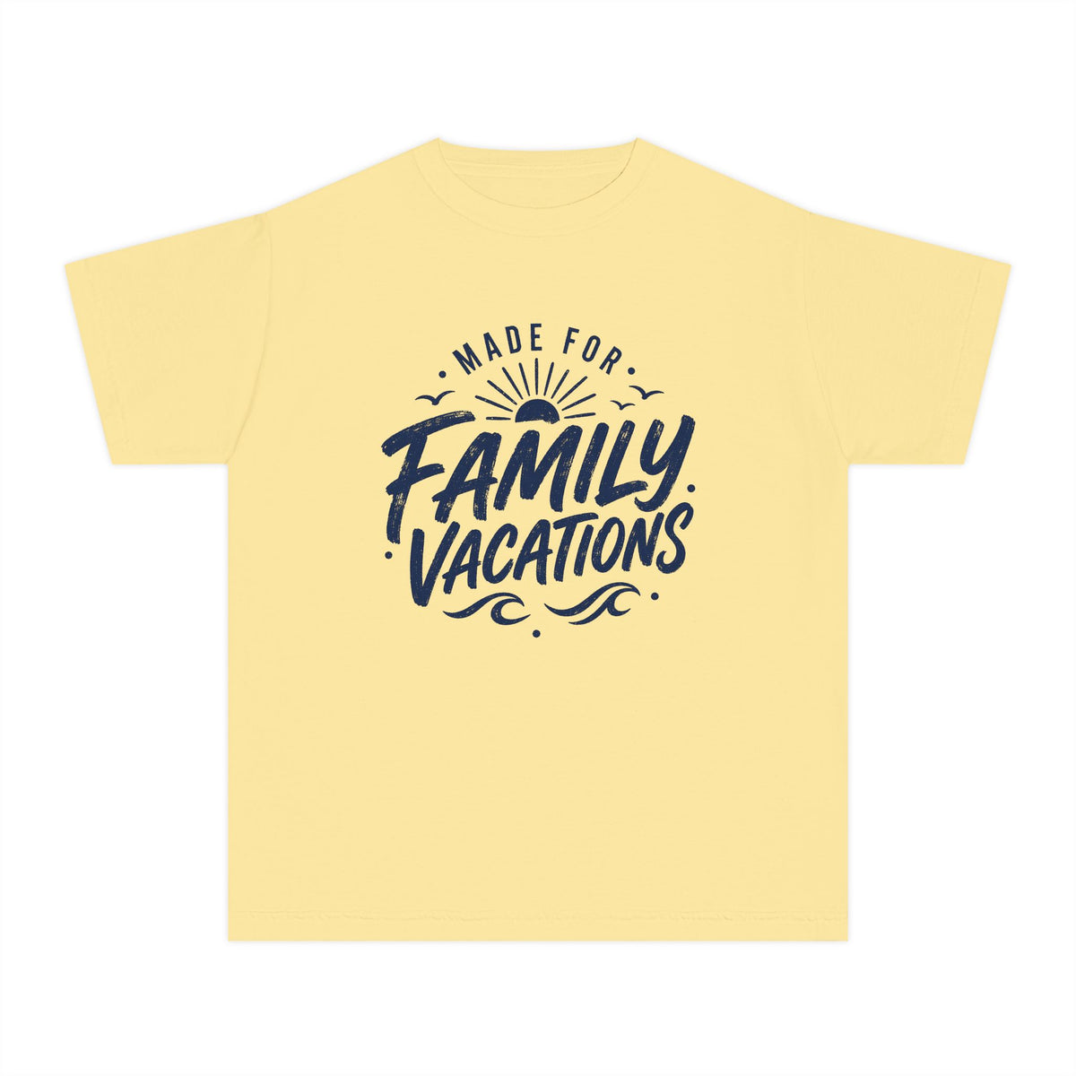 Made for Family Vacations Retro Travel Youth Tee – Kids' Comfort Colors Beach Vacation Shirt in Butter – flat lay