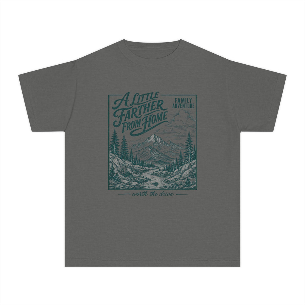 A Little Farther from Home Family Adventure Youth Tee – Kids' Comfort Colors Road Trip Shirt in Pepper – flat lay