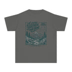 A Little Farther from Home Family Adventure Youth Tee – Kids' Comfort Colors Road Trip Shirt in Pepper – flat lay
