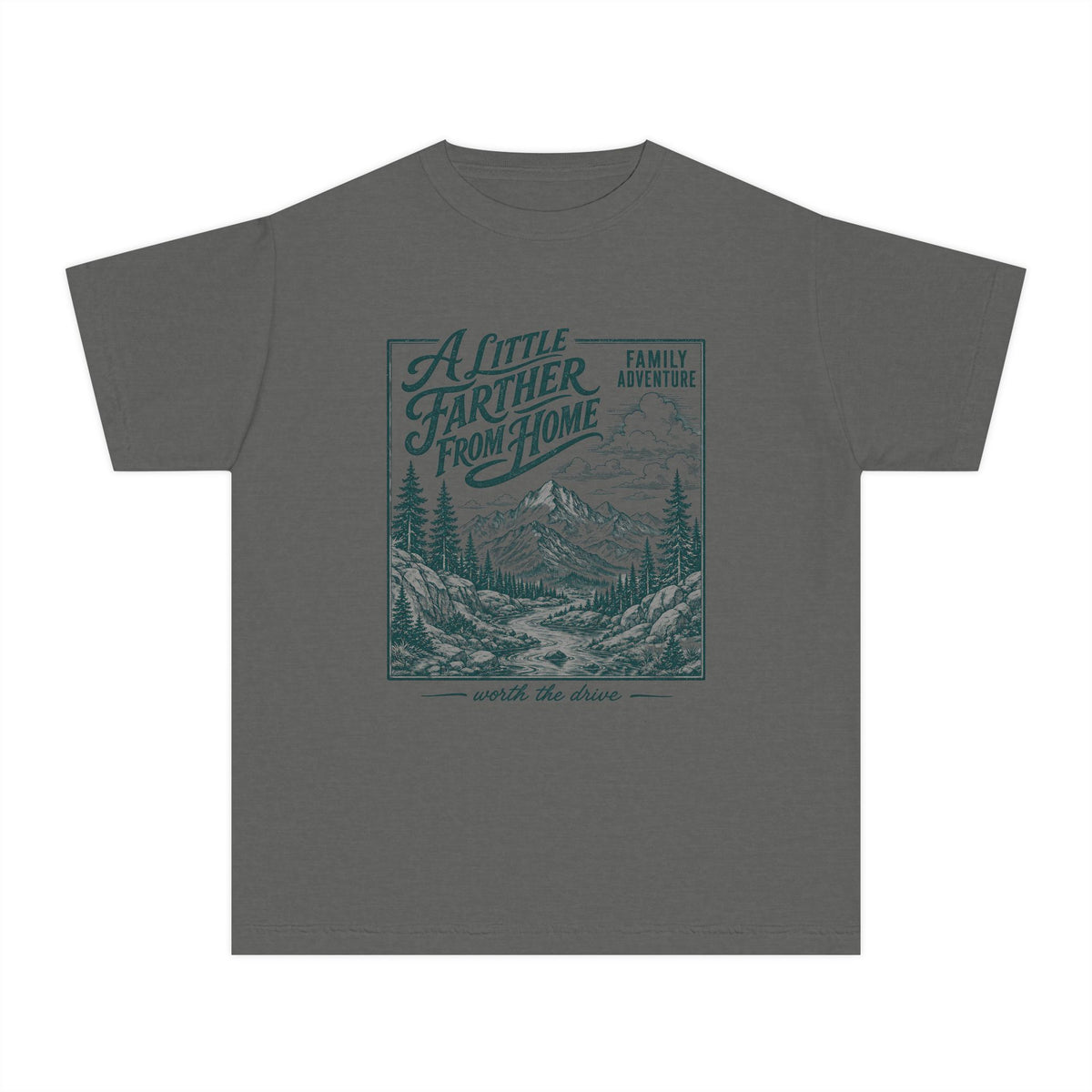 A Little Farther from Home Family Adventure Youth Tee – Kids' Comfort Colors Road Trip Shirt in Pepper – flat lay