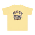 Family First Passport Second Youth Tee – Kids' Comfort Colors Travel Shirt in Butter – flat lay