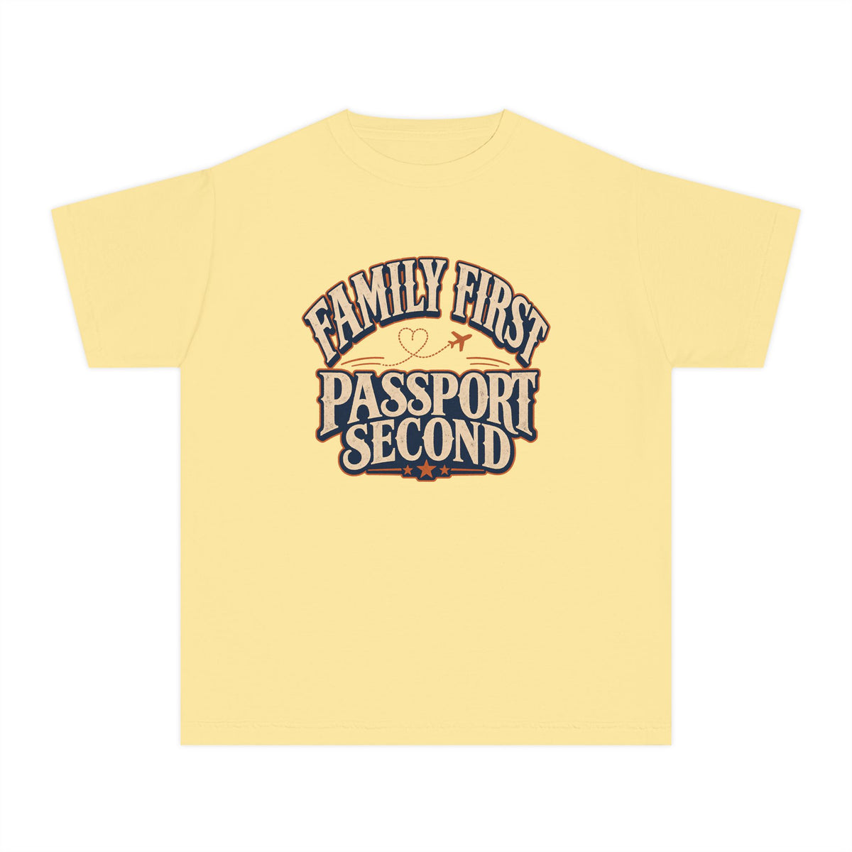 Family First Passport Second Youth Tee – Kids' Comfort Colors Travel Shirt in Butter – flat lay