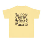 No Plans Past the Porch Youth Tee – Kids' Comfort Colors Cabin Weekend Shirt in Butter – flat lay