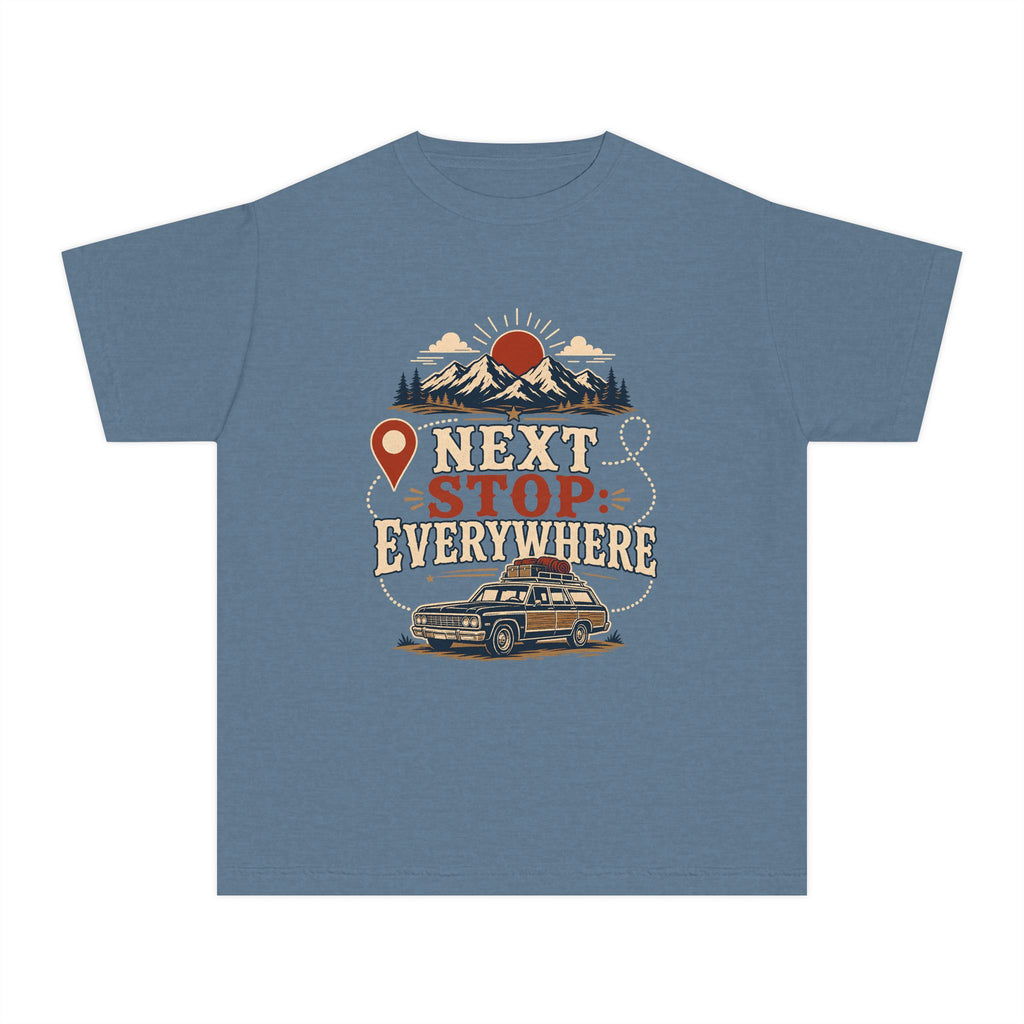 Next Stop Everywhere Youth Tee – Kids' Comfort Colors Road Trip Shirt in Blue Jean – flat lay