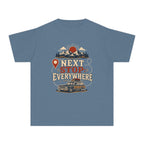 Next Stop Everywhere Youth Tee – Kids' Comfort Colors Road Trip Shirt in Blue Jean – flat lay