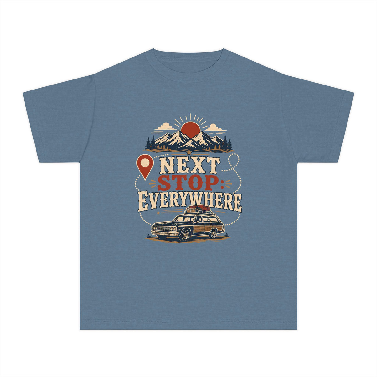 Next Stop Everywhere Youth Tee – Kids' Comfort Colors Road Trip Shirt in Blue Jean – flat lay
