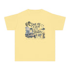 Save Me a Seat by the Water Youth Tee – Kids' Comfort Colors Lake Vacation Shirt in Butter – flat lay