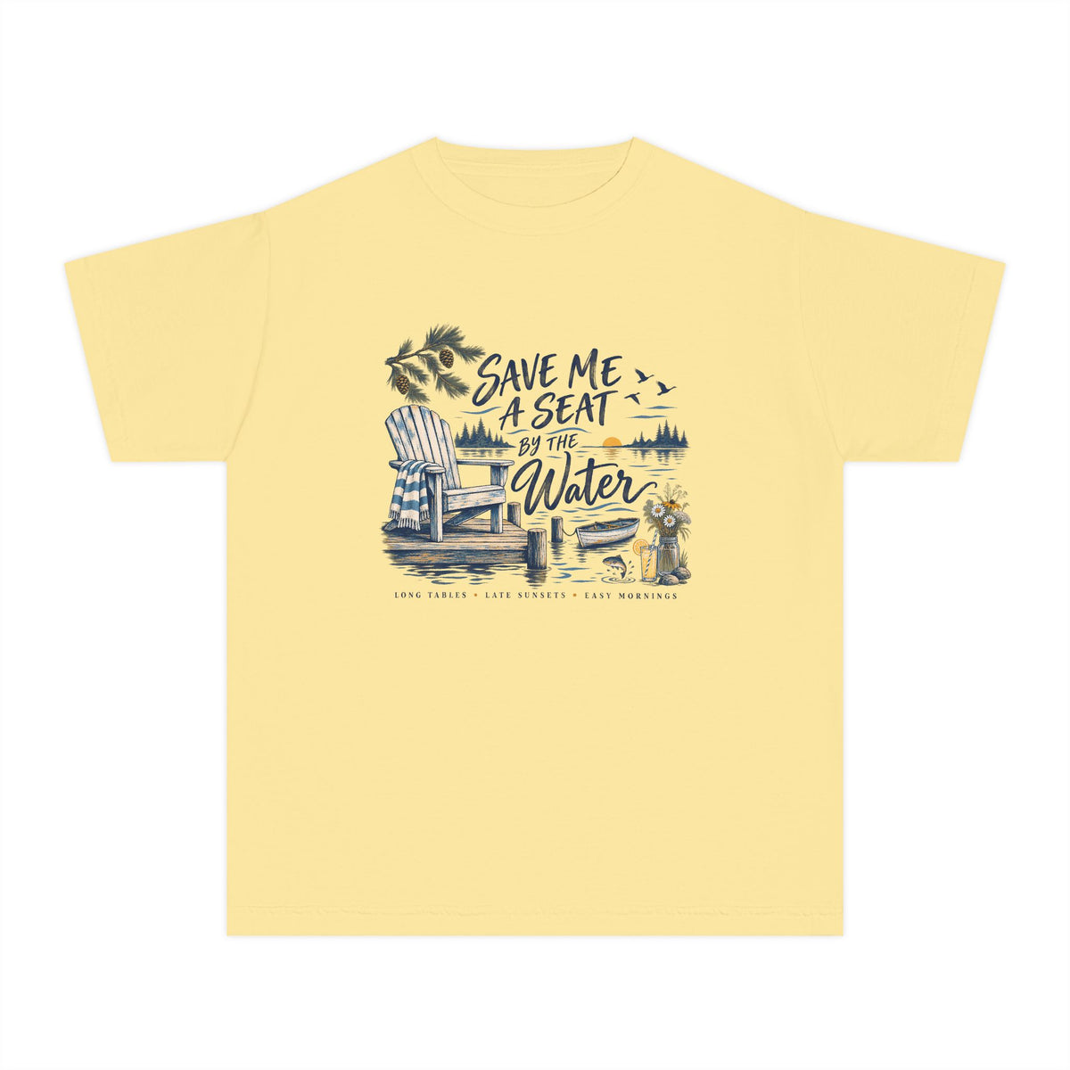 Save Me a Seat by the Water Youth Tee – Kids' Comfort Colors Lake Vacation Shirt in Butter – flat lay