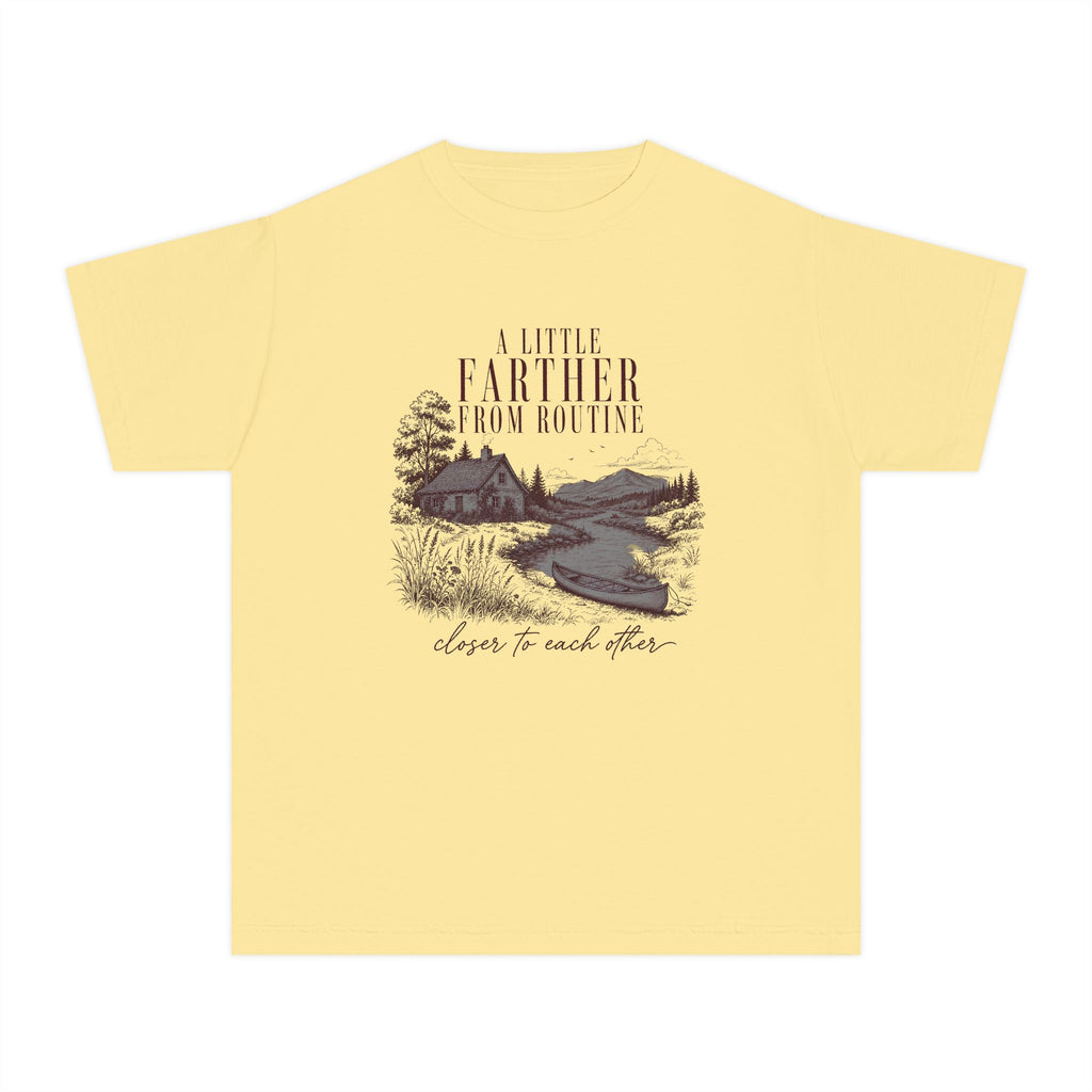 A Little Farther from Routine Youth Tee – Kids' Comfort Colors Family Getaway Shirt in Butter – flat lay
