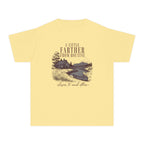 A Little Farther from Routine Youth Tee – Kids' Comfort Colors Family Getaway Shirt in Butter – flat lay