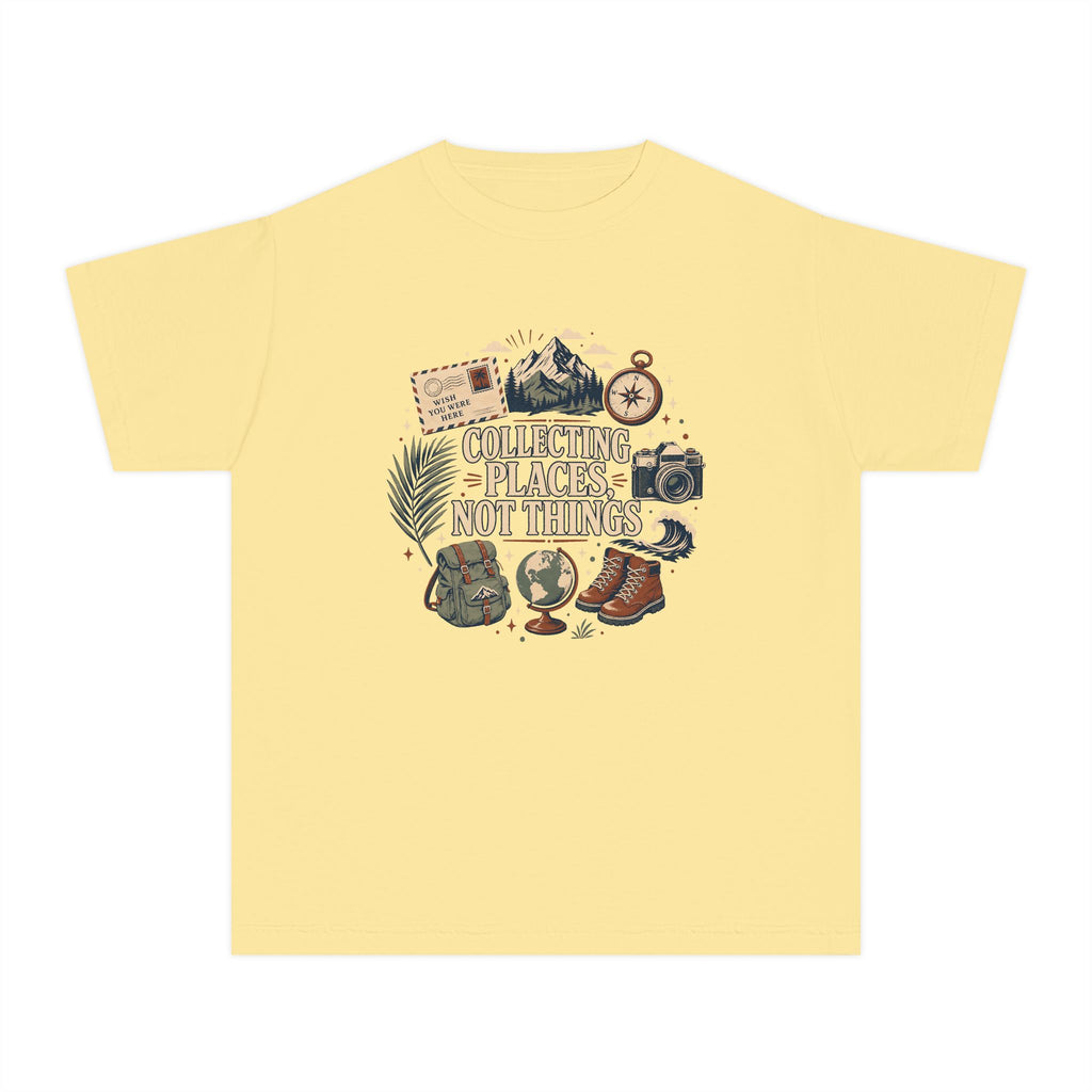 Collecting Places Not Things Youth Tee – Kids' Comfort Colors Travel Shirt in Butter – flat lay