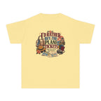 I'd Rather Buy the Plane Tickets Youth Tee – Kids' Comfort Colors Family Travel Shirt in Butter – flat lay