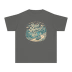 The Road Home Can Wait Youth Tee – Kids' Comfort Colors Road Trip Shirt in Pepper – flat lay