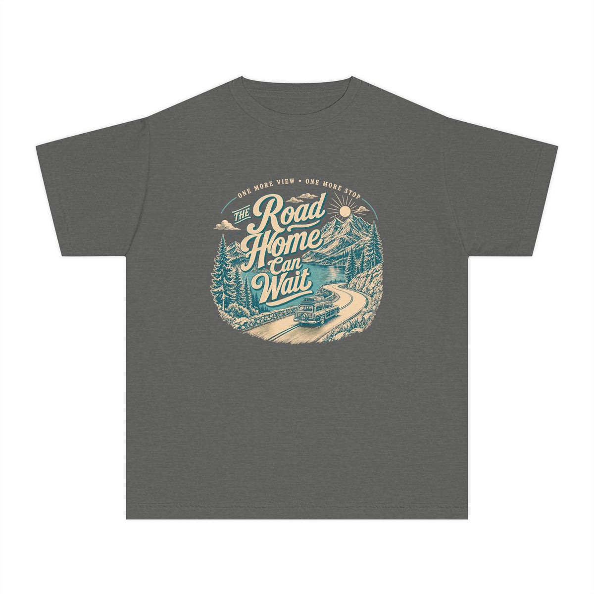 The Road Home Can Wait Youth Tee – Kids' Comfort Colors Road Trip Shirt in Pepper – flat lay
