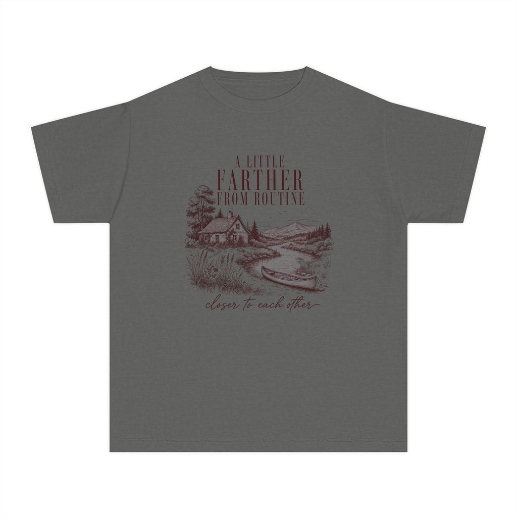 A Little Farther from Routine Youth Tee – Kids' Comfort Colors Family Getaway Shirt in Pepper – flat lay