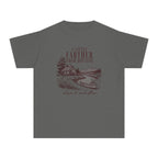 A Little Farther from Routine Youth Tee – Kids' Comfort Colors Family Getaway Shirt in Pepper – flat lay