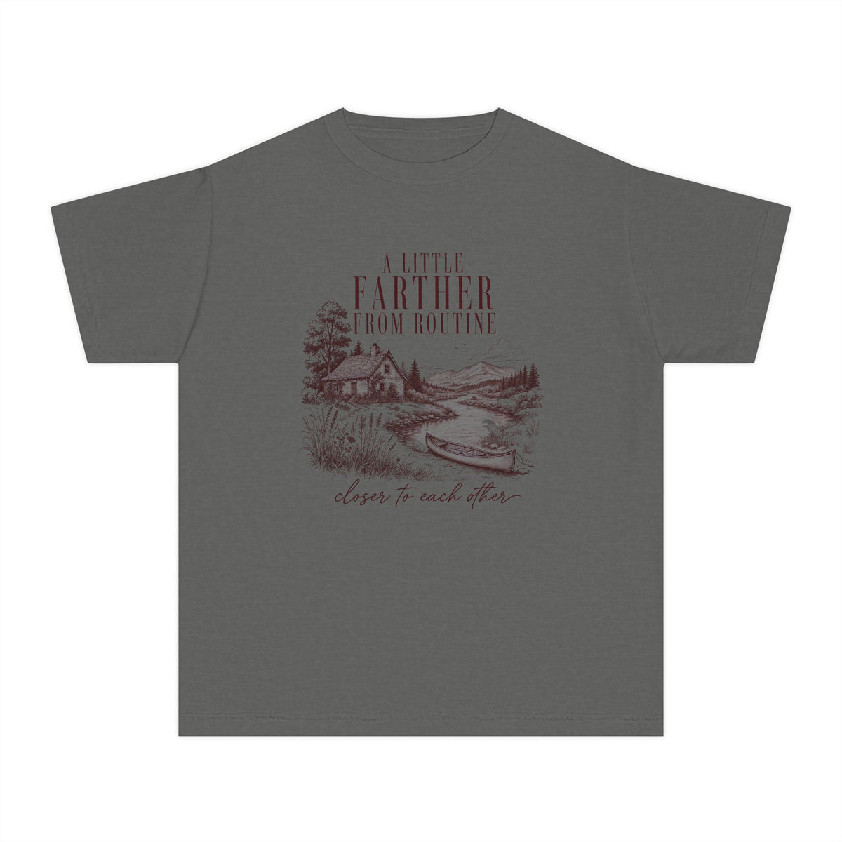 A Little Farther from Routine Youth Tee – Kids' Comfort Colors Family Getaway Shirt in Pepper – flat lay