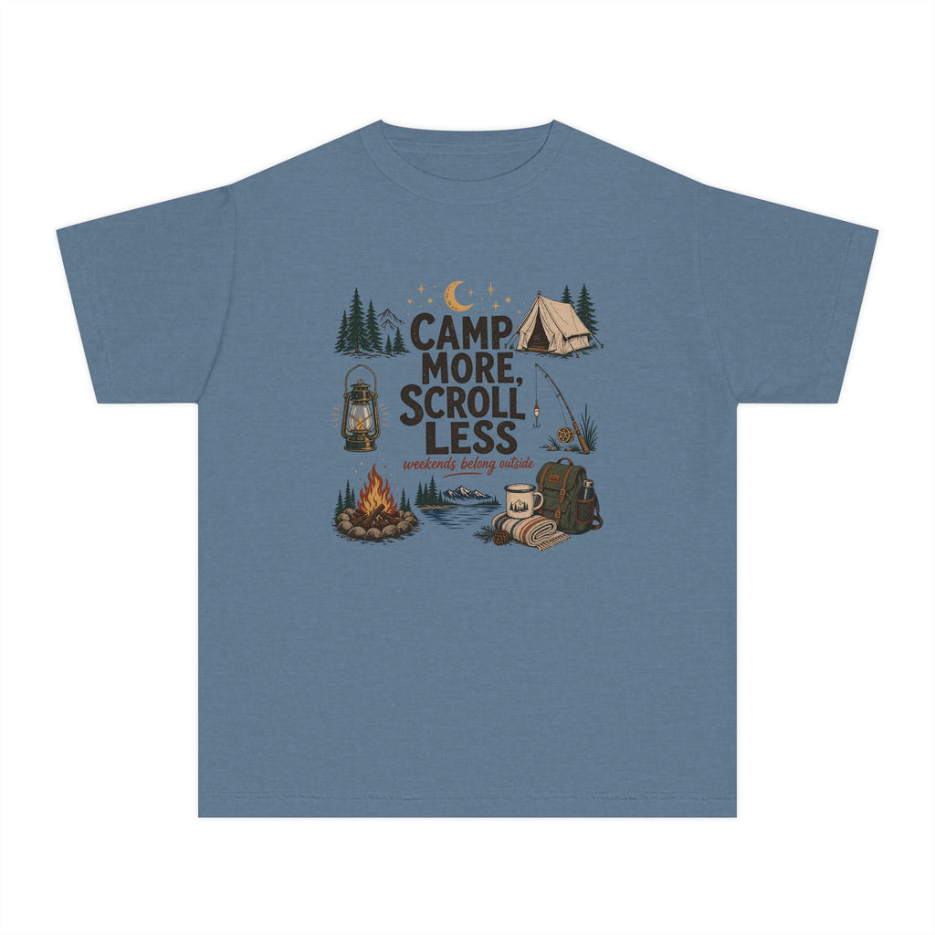Camp More Scroll Less Youth Tee – Kids' Comfort Colors Camping Shirt in Blue Jean – flat lay