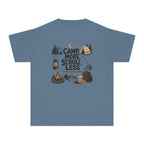 Camp More Scroll Less Youth Tee – Kids' Comfort Colors Camping Shirt in Blue Jean – flat lay