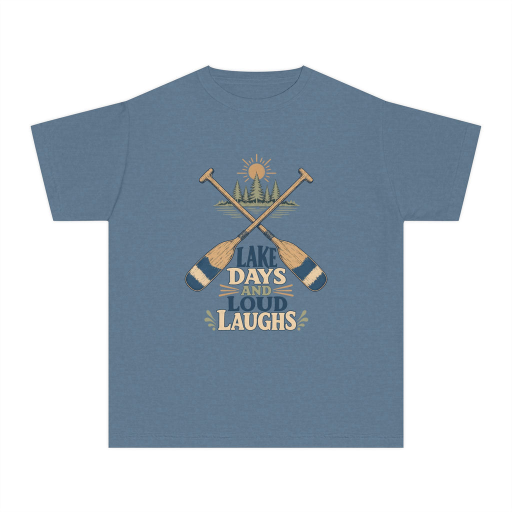 Lake Days and Loud Laughs Youth Tee – Kids' Comfort Colors Family Lake Shirt in Blue Jean – flat lay