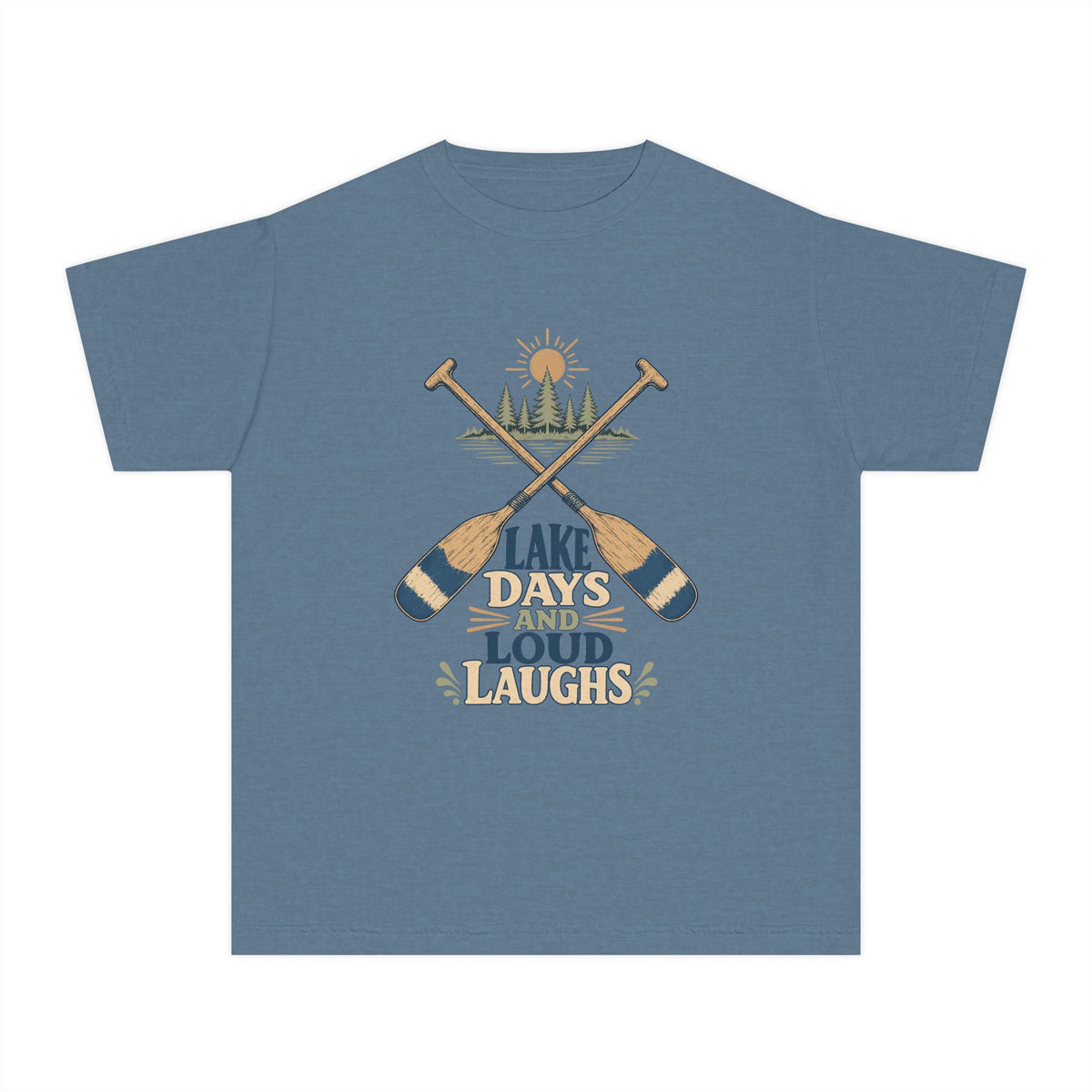 Lake Days and Loud Laughs Youth Tee – Kids' Comfort Colors Family Lake Shirt in Blue Jean – flat lay