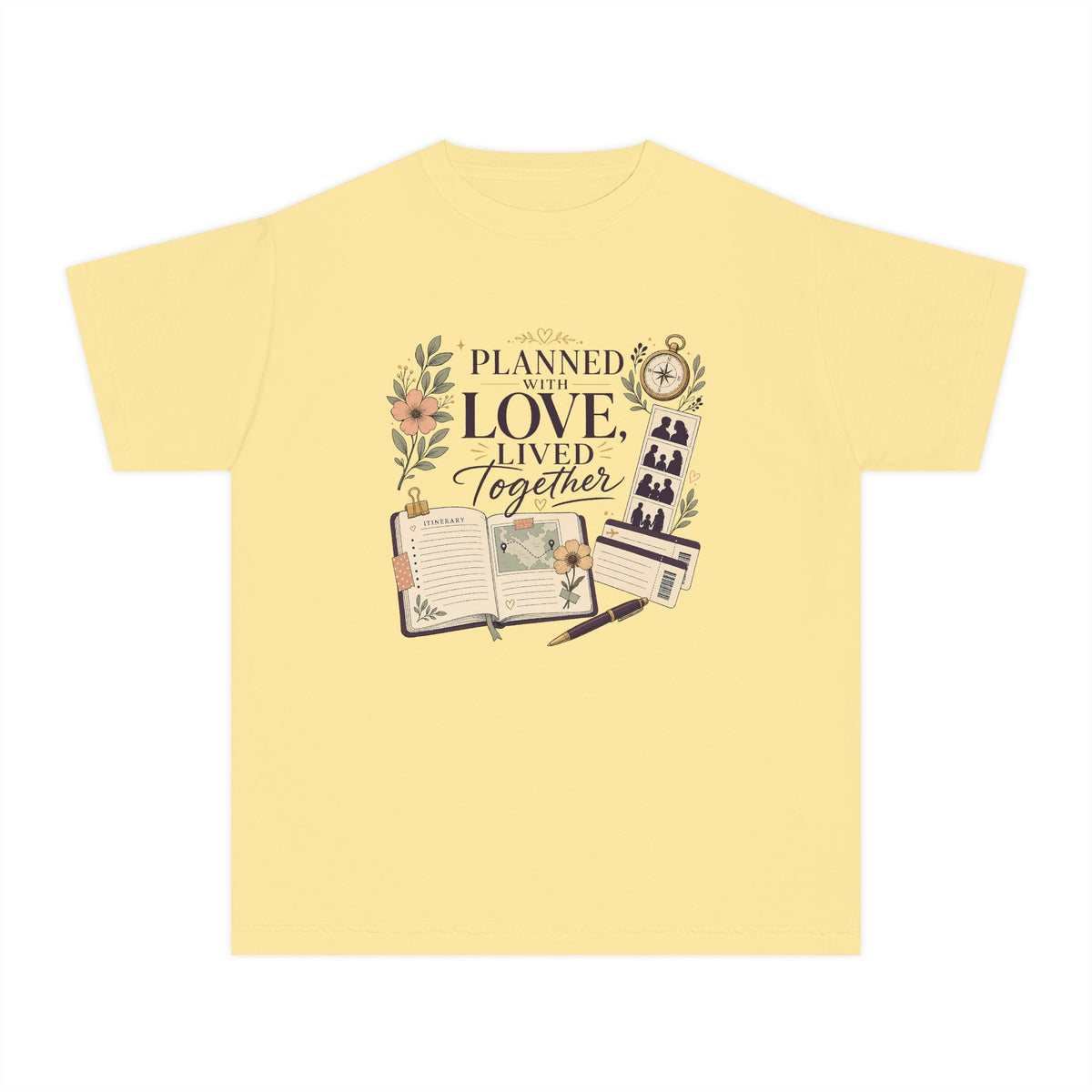 Planned With Love Lived Together Youth Tee – Kids' Comfort Colors Family Travel Shirt in Butter – flat lay
