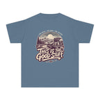 This Is the Good Stuff Youth Tee – Kids' Comfort Colors Road Trip Shirt in Blue Jean – flat lay