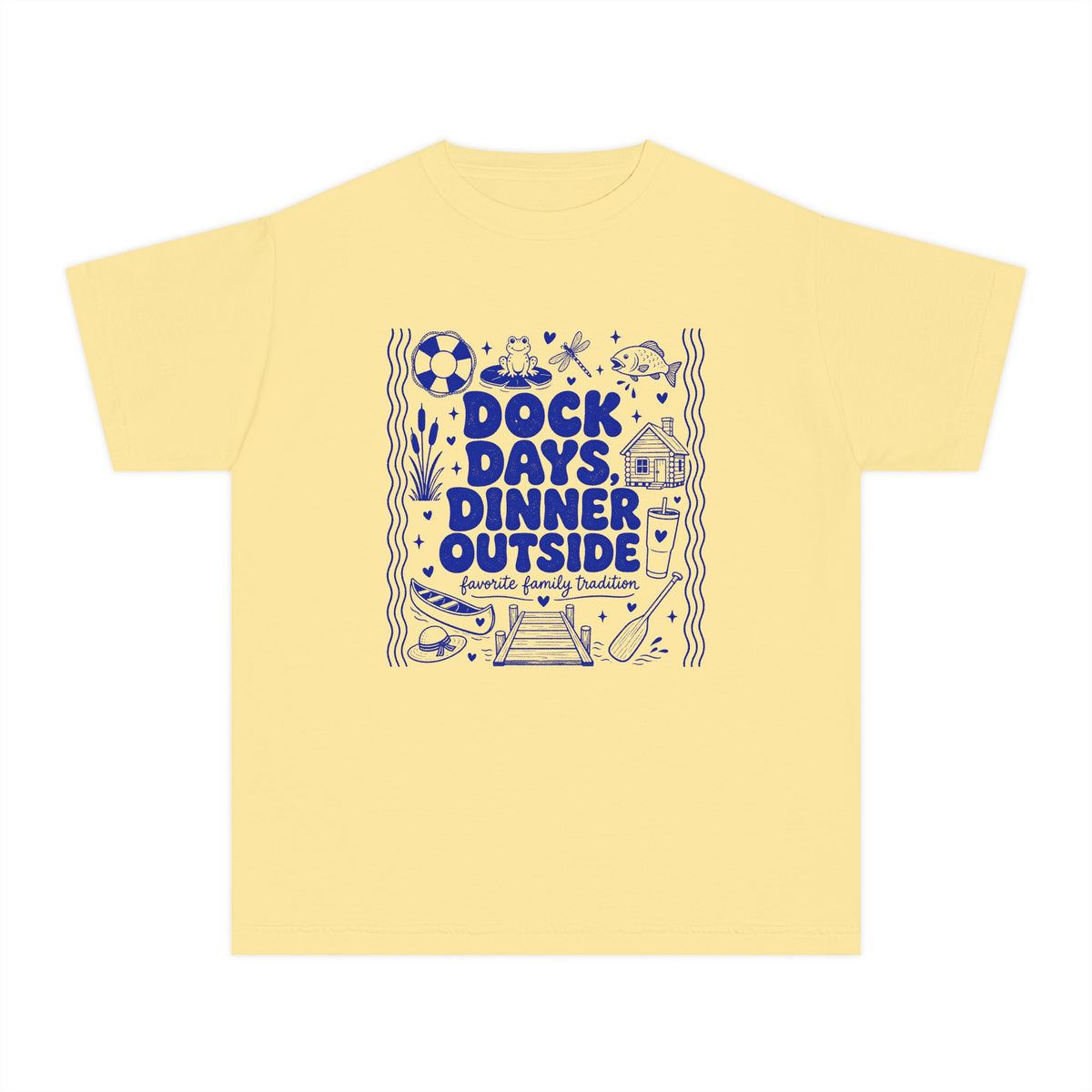 Dock Days Dinner Outside Youth Tee – Kids' Comfort Colors Lake Vacation Shirt in Butter – flat lay