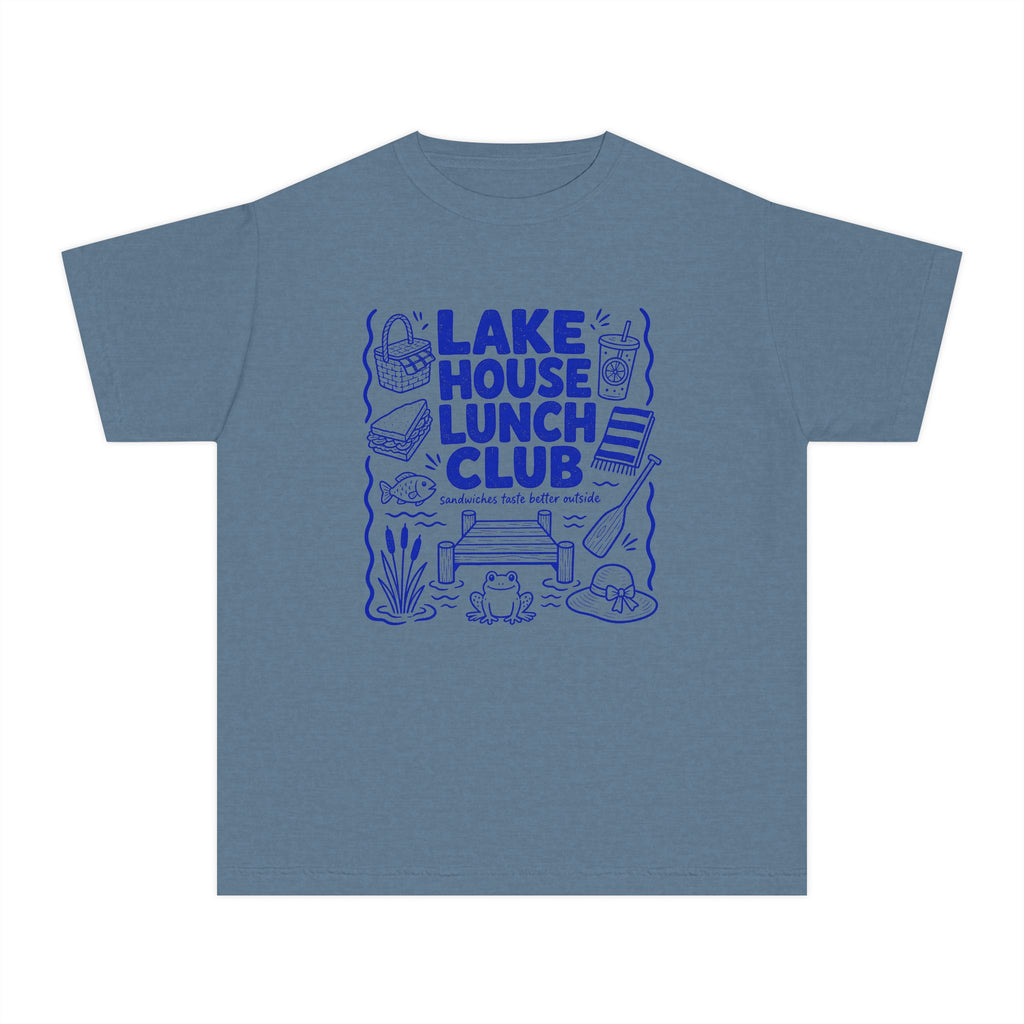 Lake House Lunch Club Youth Tee – Kids' Comfort Colors Lake Vacation Shirt in Blue Jean – flat lay