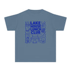 Lake House Lunch Club Youth Tee – Kids' Comfort Colors Lake Vacation Shirt in Blue Jean – flat lay