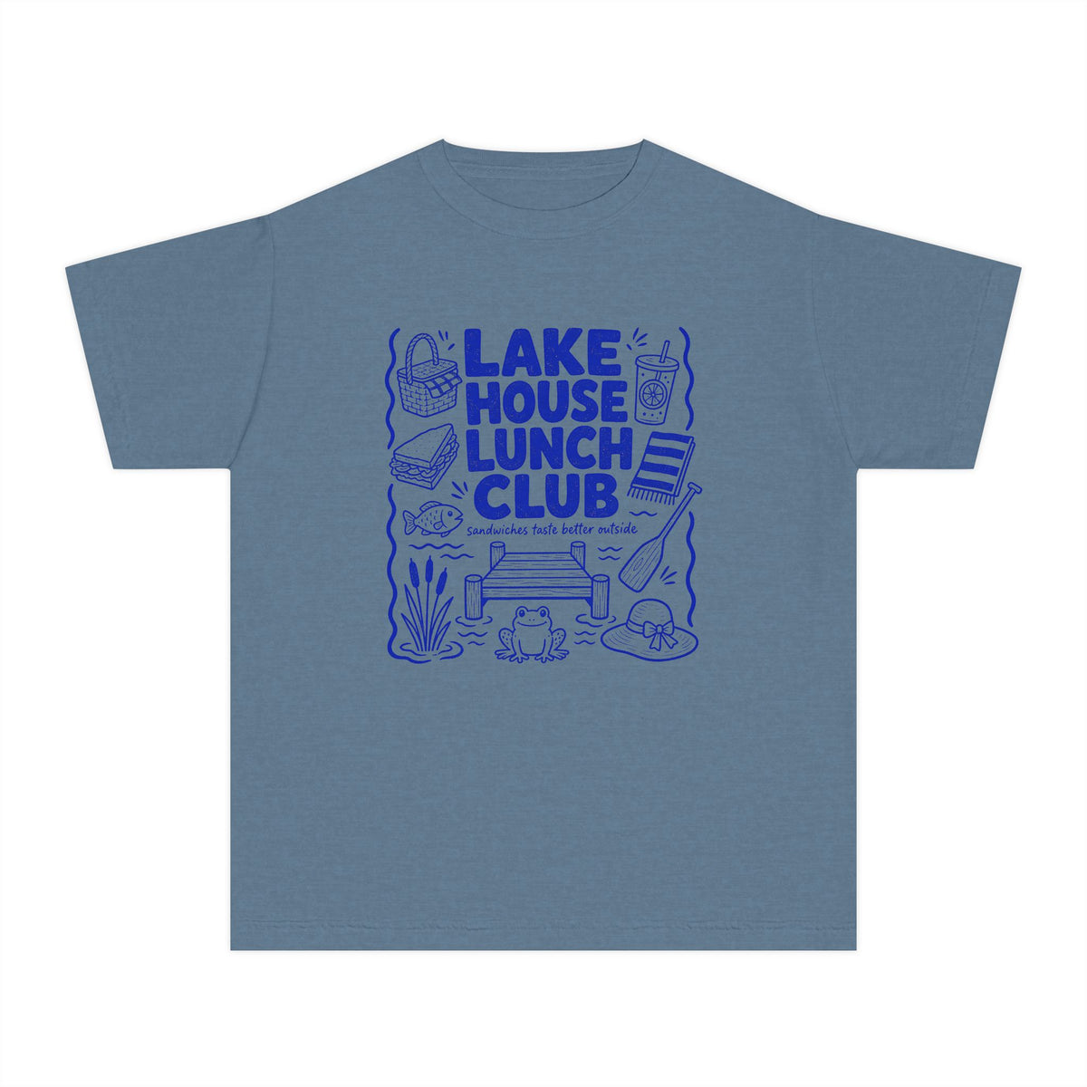 Lake House Lunch Club Youth Tee – Kids' Comfort Colors Lake Vacation Shirt in Blue Jean – flat lay
